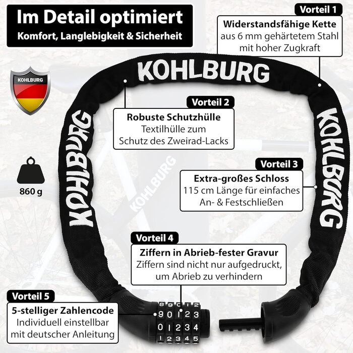 Замок для велосипеда KOHLBURG ланцюговий з кодовим комбінатором, 115 см, сталь 6 мм, для електровелосипедів та електросамокатів