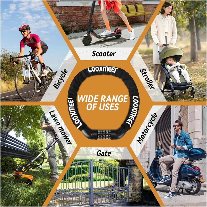 Замки для велосипеда з цифровим кодом, 11 кольорів, 90 см, рівень безпеки 8, 5-значний код, ланцюговий замок для велосипеда, мотоцикла, ролера, дверей (чорний)