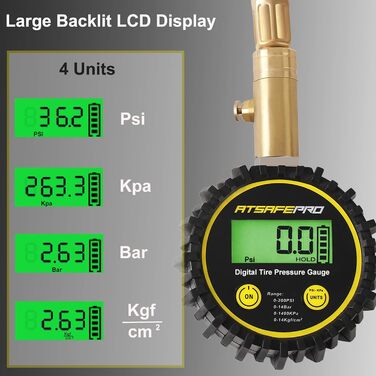 Цифровий манометр ATsafepro 200 PSI з гнучким шлангом та підсвічуванням, LCD дисплей, для шин авто, вантажівок, SUV, мотоциклів, сертифікований