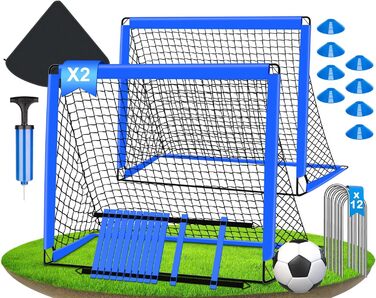 Набір для гри у футбол для дітей 2 шт: Pop-Up ворота для футболу з драбиною для розвитку спритності - тренувальний набір включає м'яч розміру 3, 8 фігурок, насос та сумка - ворота для гри в приміщенні/на вулиці 120см*90см - комплект з двох штук