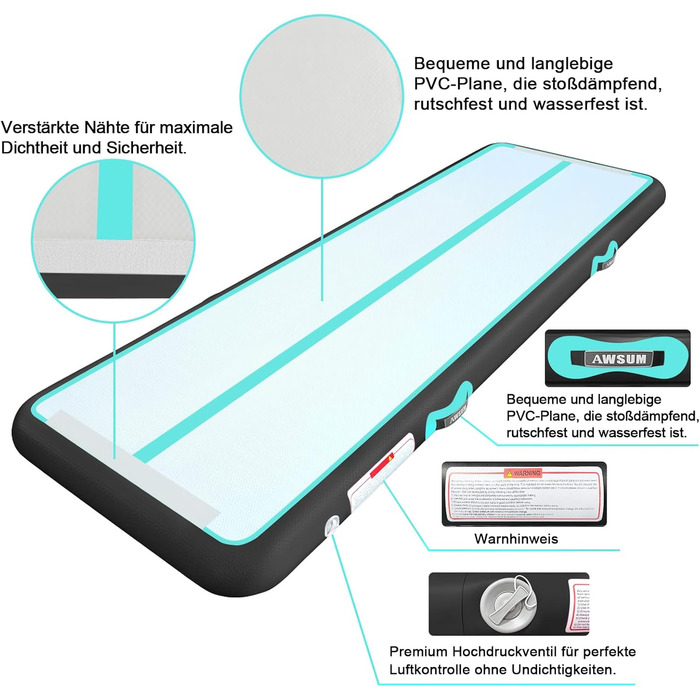 AWSUM Гімнастичний надувний мат для гімнастики з повітряним трекінгом, надувний, 300x100x10 см та 100x60 см, м'ятно-зелений+чорний, з насосом