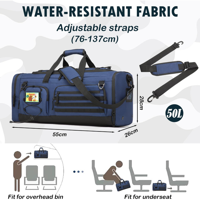Спортивна сумка 50L для чоловіків 3-в-1 з відділенням для мокрого одягу та взуття, рюкзак, дорожня сумка, валіза ручної поклажі, для тренувань, спортзалу, плавання, подорожей (Блакитна)