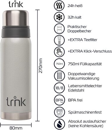Термос trnk Outdoor polar 2, 750 мл, нержавіюча сталь, BPA-free, з 2 чашками, тримає тепло 24 год, для напоїв, сірий