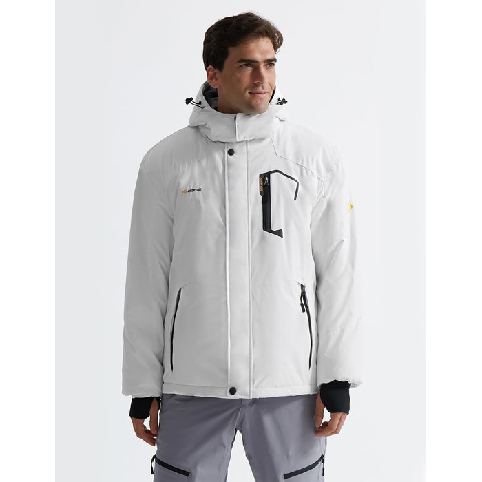 Чоловіча зимова куртка GEMYSE для катання на лижах, тепла, вітронепроникна, водонепроникна, дихаюча, з багатьма кишенями, з капюшоном, білий, розмір L