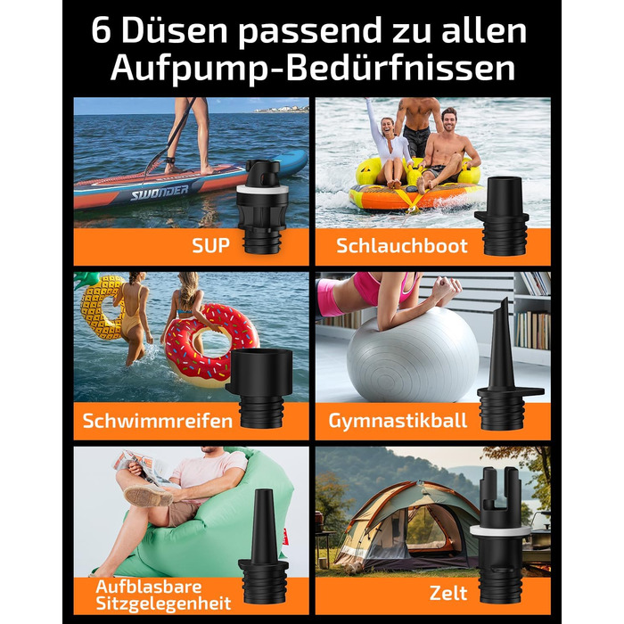 Надувний SUP насос Swonder Seawolf: акумуляторний, 20PSI, 6000mAh, з автоадаптером, чорний/мандарин