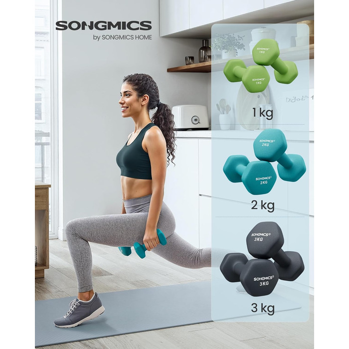 Набір гантелей SONGMICS, 3 пари (1кг, 2кг, 3кг), загальна вага 12кг, неопренове покриття, для фітнесу та силових тренувань, кольори: лимонний, аквамарин, темно-сірий