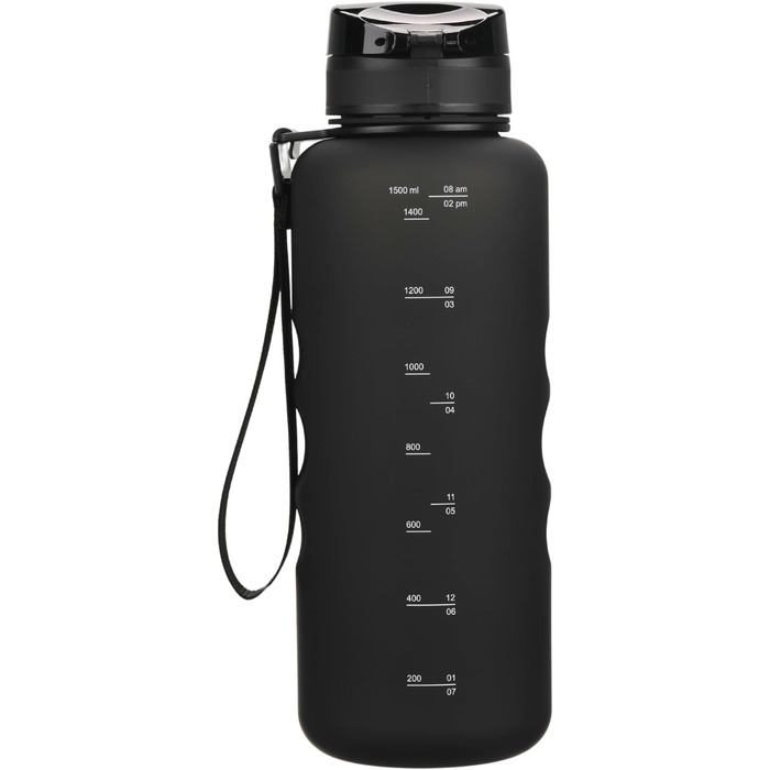 Спортивна пляшка для води 1,5 л 720°DGREE 'uberBottle' з петлею та мотиваційною шкалою, фільтром - не протікає, легка, без BPA - Tritan пляшка для університету, роботи, спорту, фітнесу, тренажерного залу 1500 мл Onyx Black - Чорний
