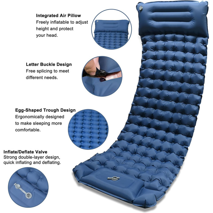 Каремат для кемпінгу Techshare самонадувний, потовщений, синій. Підходить для піших прогулянок, відпочинку на природі та кемпінгу. З насосом для накачування.