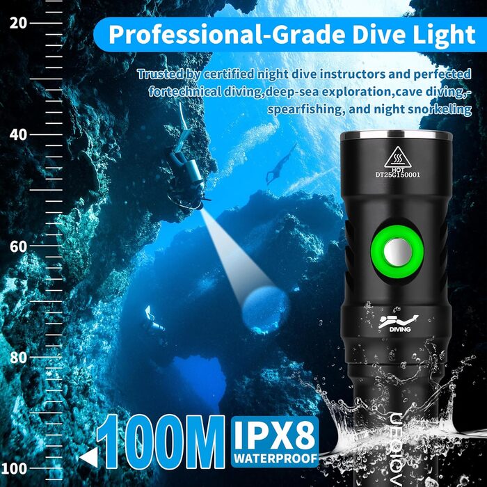 Підводна ліхтар UEQIOV 4000 лм, 4 режими, IPX8 водонепроникний, для дайвінгу