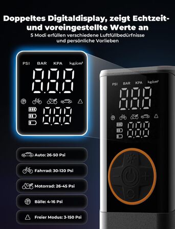 Електричний компресор Oasser з акумулятором 6000mAh, 150 PSI, з двома дисплеями, для авто, мото, велосипеда, м'ячів, подорожей та кемпінгу