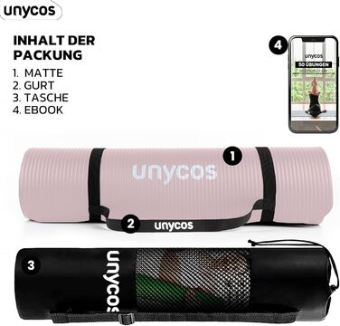 Гімнастичний килимок Unycos 183x60 см, NBR 15 мм, нековзкий, для йоги, пілатесу, фітнесу, з ременем та E-книгою, рожевий, нетоксичний
