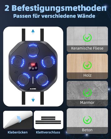 Музична боксмашина Zacro з LED-підсвіткою, розумна боксмашина, настінна, 9 режимів/швидкостей, з рукавичками та повязкою, чорна