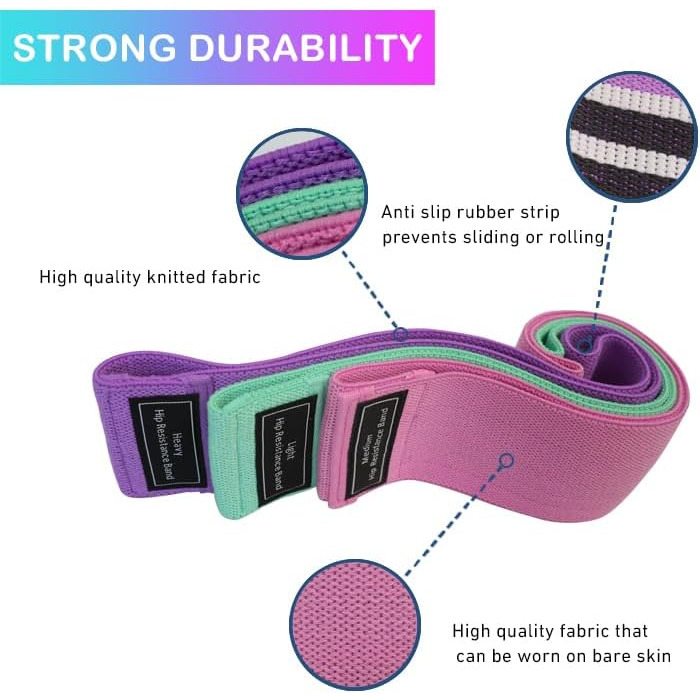 Стрічки опору для фітнесу: набір для тренувань сідниць та тіла (зелений/рожевий/фіолетовий)