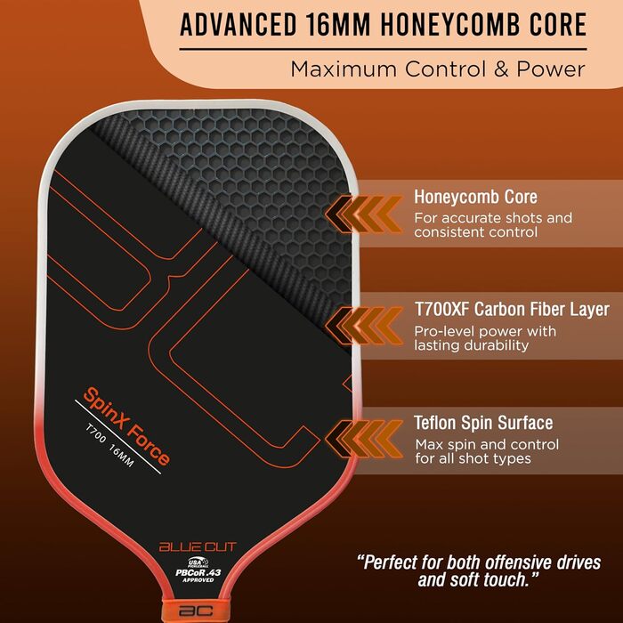 Падл для піклболу Blue Cut з вуглецевим волокном T700, 16 мм комірчаста структура, поверхня для обертання, Pro Power Speed & Control, сертифікований USAPA, з сумкою Orange/Sunset Chevron