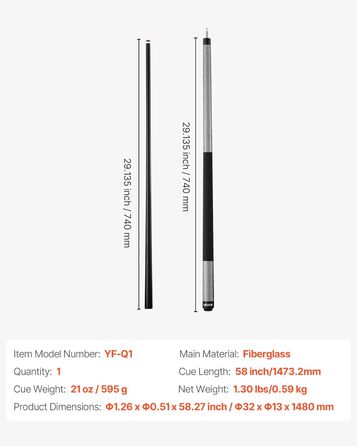 VEVOR: Більярдний кий VEVOR, 147.3 см, з багатошаровою кінцівкою та ABS-кільцем, для професійного столу, бару, дому, офісу, з фібергласу