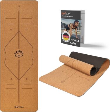 DH FitLife Йога-мат з корку та TPE 183x61x0,6 см, нековзкий, з орієнтаційними лініями, для фітнесу та гімнастики, малий лотос