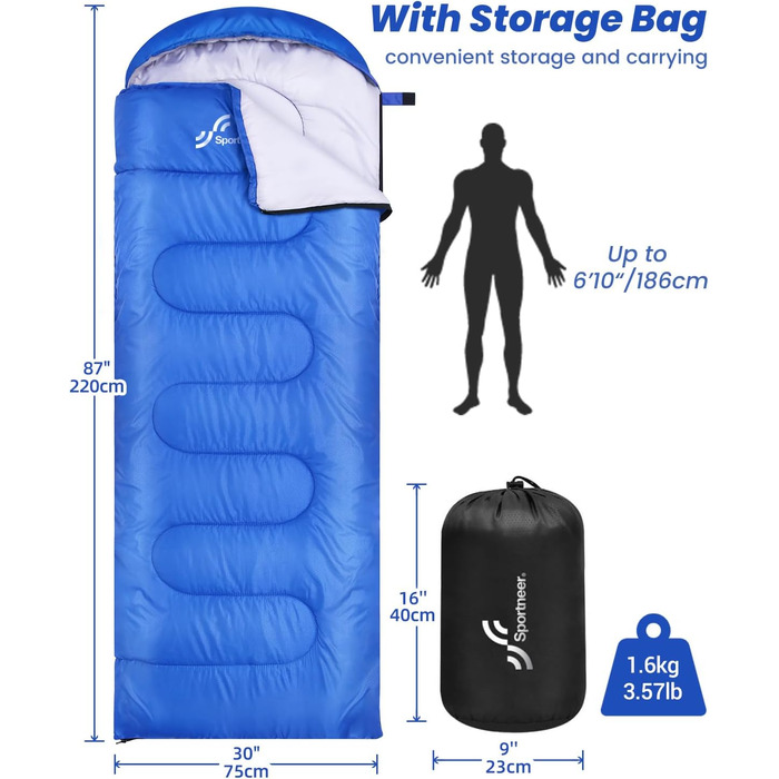 Сплячий мішок Outdoor Sportneer для дорослих та дітей - легкий спальник для кемпінгу, походів, рюкзаків 220x75см, блакитний