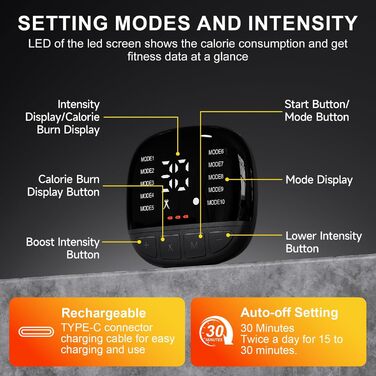EMS тренажер для пресу Relassy: електричний, з 10 режимів та 30 інтенсивностей, USB, для живота, рук, ніг