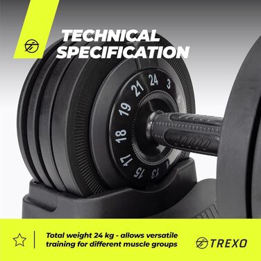 Регульована гантель TREXO 18-40 кг з поворотним регулятором ваги. Залізна гантель для силових тренувань з ергономічною ручкою.