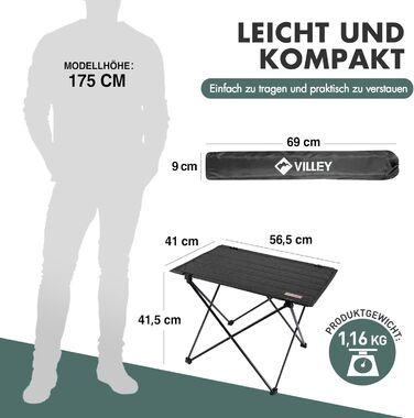 Стіл для кемпінгу VILLEY складний, розкладний, з алюмінію та Оксфордської тканини. Максимальне навантаження 25 кг, з сумкою. Легка установка, ідеально для кемпінгу, відпочинку на природі, риболовлі та вуличної кухні. Чорний.