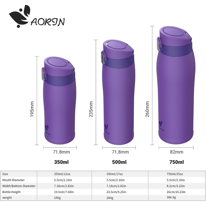Пляшка для води AORIN з нержавіючої сталі 500 мл, термос, герметична, BPA-free, для спорту, школи, на вулицю, фіолетова