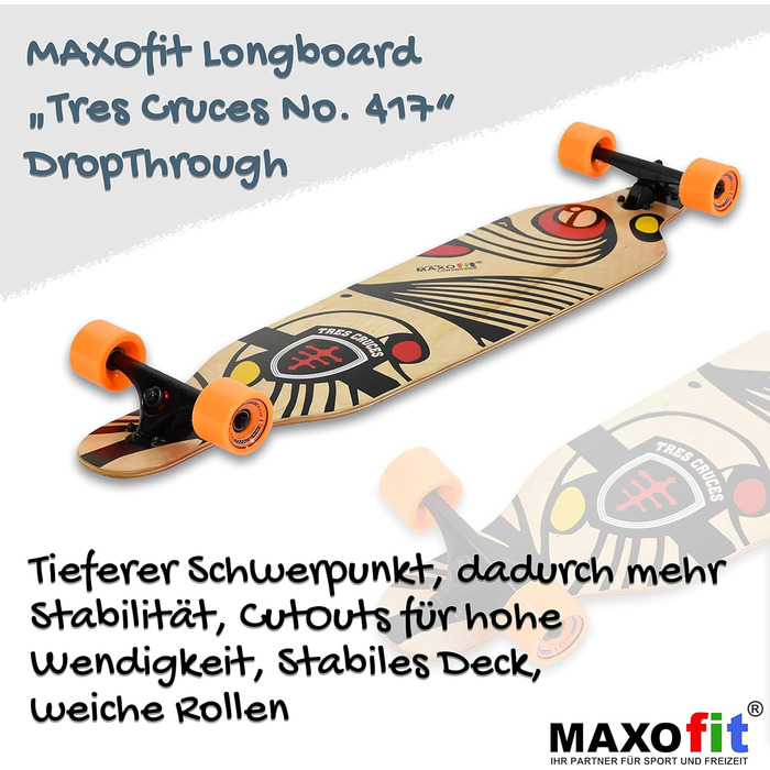 Лонгборд MAXOfit у різних дизайнах з високоякісною декою з клена/бамбука для початківців та досвідчених