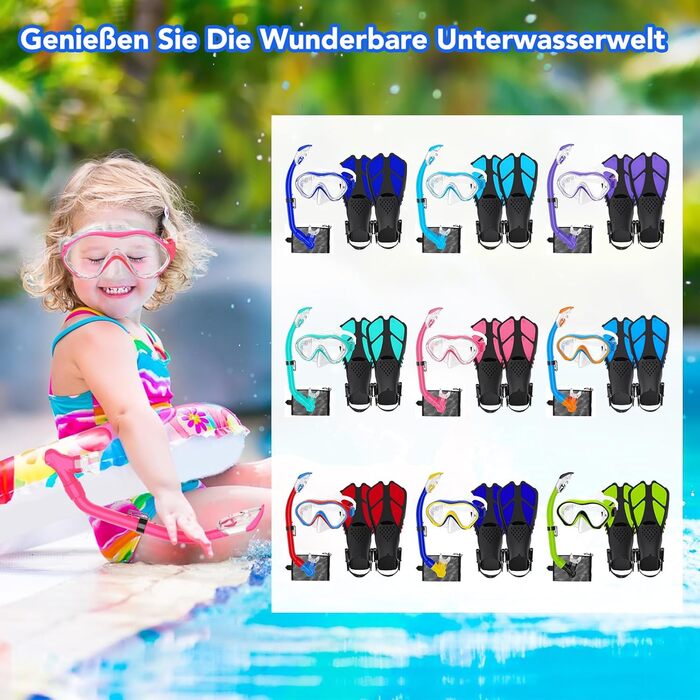 Набір для снорклінгу для дітей з ластами, маска з панорамою 180° проти запотівання, регульовані ласти, високоякісна маска для дайвінгу та сухий снорк (рожевий)