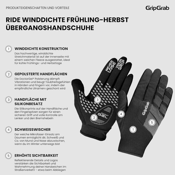 Велосипедні рукавички GripGrab Ride: тонкі, непромокаючі, з антиковзаючою поверхнею, чорні, розмір M, для перехідного сезону