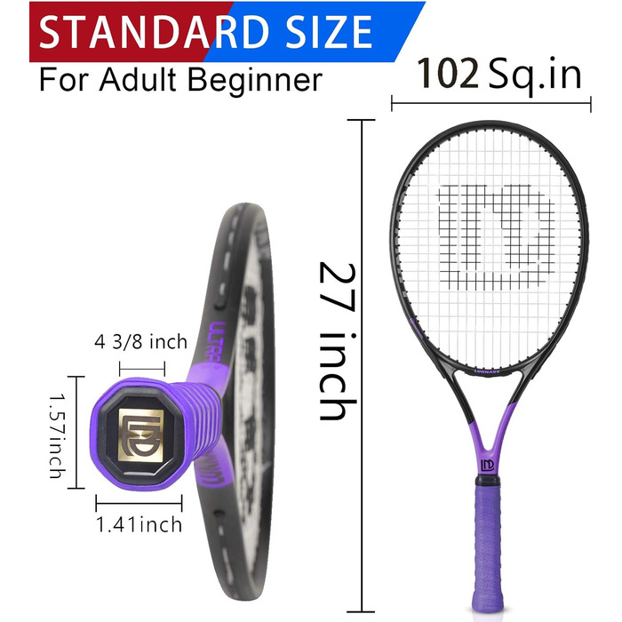 Тенісний ракетоподібний пристрій для дорослих, легкий, з чохлом, підходить для жінок та чоловіків, початківців та досвідчених (27 дюймів, чорний+фіолетовий)