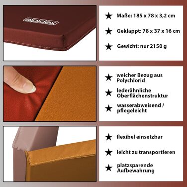 ALPIDEX Складаний м'який мат для гімнастики 185x78x3,2 см, спортивний мат для дому, для дітей і дорослих, червоний