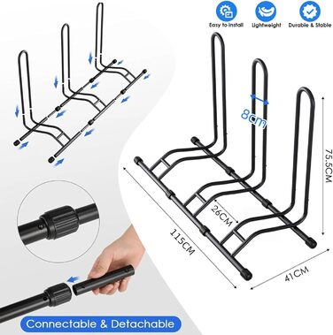 Підставка для велосипеда TLGREEN на підлогу, 3 шт. - для гірського, шосейного велосипеда, ширина шини до 80 мм, 20-28 дюймів, чорна