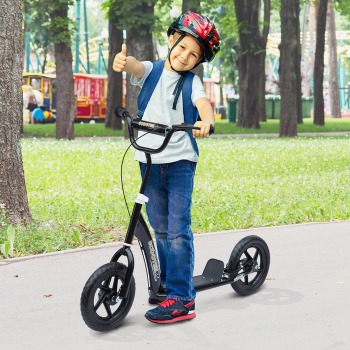 Дитячий самокат HOMCOM Kickscooter 12 дюймів із заднім гальмом, регульований по висоті самокат чорного кольору, міцна сталь та EVA, ідеально підходить для дітей