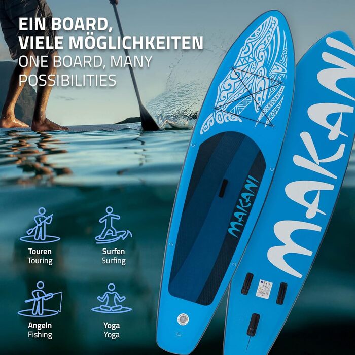 Надувна SUP-дошка ECD Germany Makani 320 см, PVC, алюмінієве весло, повний комплект, синя/помаранчева/чорна/бірюзова/зелена – для серфінгу, веслування, серфборд
