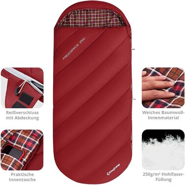 Сплячий мішок KingCamp Freespace 250 Winter з бавовни, широкий, -8°C, винно-червоний