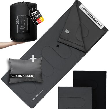 Спальний мішок туристичний 100% бавовна до -3°C з подушкою - Outdoor зимовий та літній спальний мішок [280GSM] для 3-4 сезонів (75x190см) - для жінок та чоловіків (теплий) Сірий