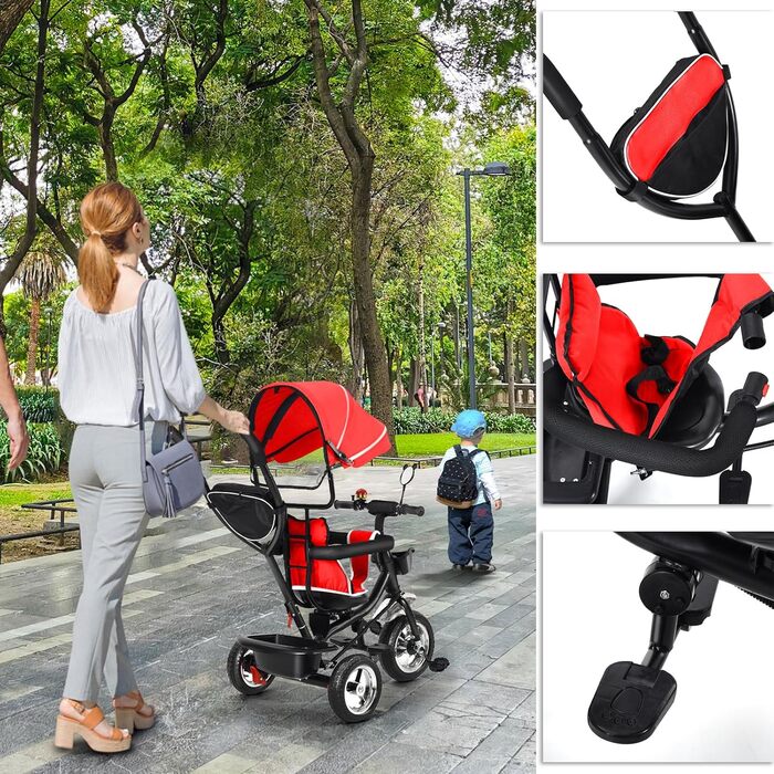 Триколісний велосипед 4 в 1 для дітей від 1 року з батьківською ручкою – дитячий триколіс для 1-4 роки до 25 кг, регульована батьківська ручка, поворотне сидіння, складаний козирок та кошик – компактний та безпечний (Червоний)