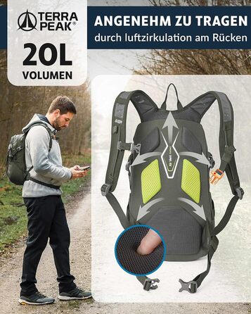 Туристичний рюкзак 20 л Wanderrucksack Active 20 Premium, з вентильованою спинкою, дощовиком та кріпленням для питної системи, з дихаючої сітки 3D Air Mesh, з поясним ременем, оливковий