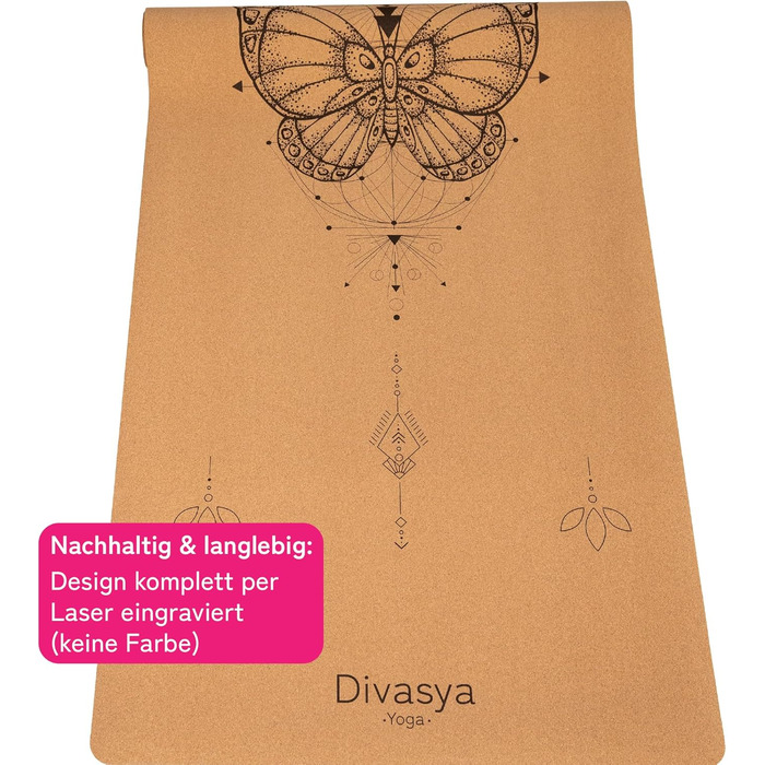 DIVASYA Преміум йога-мат з корку та каучуку, нековзкий, екологічний, розмір 183x66x0,4 см, з ременем для перенесення, без шкідливих речовин