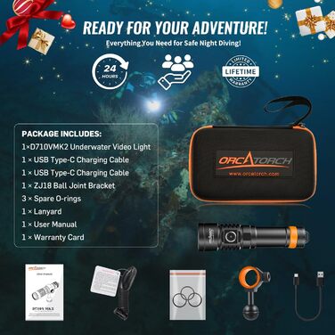 Ліхтар підводний ORCATORCH D710V MK2 з 2300 люменів, білий+UV+червоний світлодіодний, IP68 водонепроникний, 150м, для відеозйомки, дайвінгу, кемпінгу