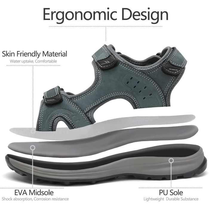 Чоловічі сандалі FLARUT для туризму та відпочинку на природі. Легкі сандалі з натуральної шкіри, сірого кольору, розмір 39 EU. Ідеальні для піших прогулянок, пляжу та активного відпочинку.
