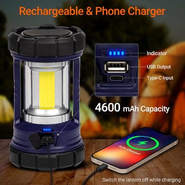 Ліхтар кемпінговий LED, 3200LM, Power Bank 4600mAh, 5 режимів, регулювання яскравості, Navy Blue