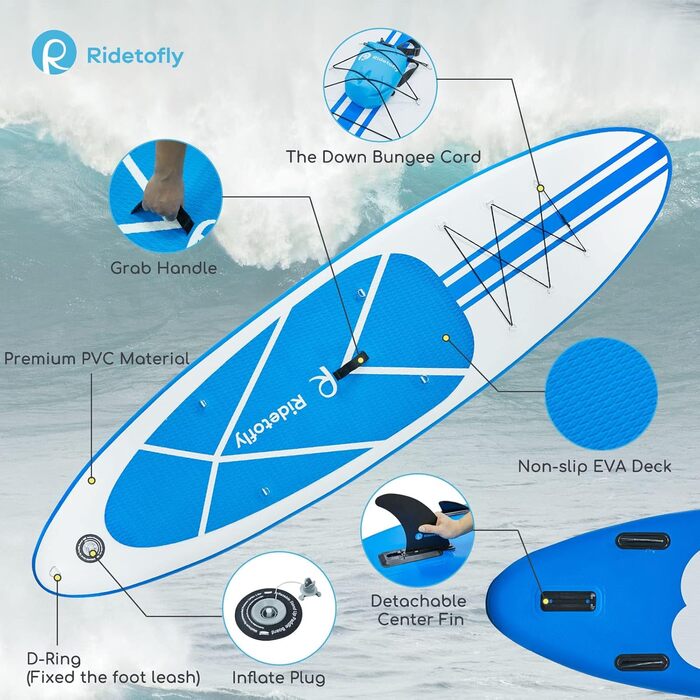 Надувна SUP-дошка Ridetofly SU01, комплект для веслування, йоги та риболовлі, синя, 27,7 x 81,3 x 15,2 см