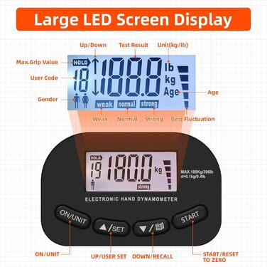 Електронний динамометр для вимірювання сили хвата Griffkrafttrainer, 180 кг, LCD-дисплей, регульований хват, чорний
