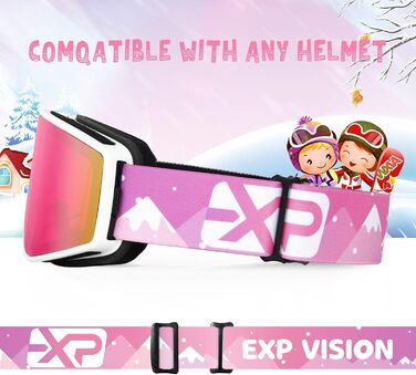 Набір лижних масок EXP VISION для батьків та дітей, антифог, 100% UV захист, OTG, рожевий колір, сноуборд- та лижна маска для чоловіків, жінок, підлітків і дітей