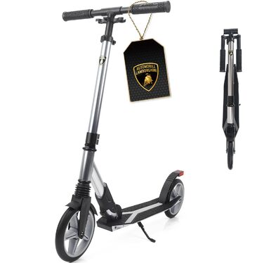 Скутер Lamborghini Tretroller Cityroller з великим колесом, складний, регульована висота, для дорослих та дітей, з підставкою, передньою амортизацією та гальмом на задньому колесі, до 100 кг (Сірий)