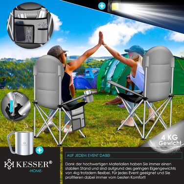 Крісло для кемпінгу KESSER® з підлокітниками, високою спинкою, місткістю до 150 кг, сіре/чорне, з підсвіткою та тримачем для напоїв