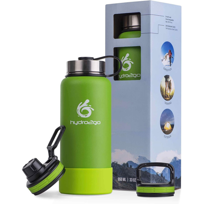 Гідрофляга hydro2go X-AlpsBottle 1 л, нержавіюча сталь, термос, вакуумна ізоляція, 3 кришки, для спорту та туризму, лаймова