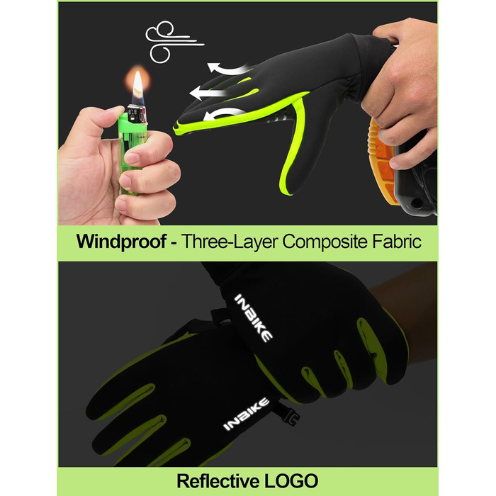 Зимові рукавички для велоспорту та катання на лижах з сенсорним екраном, теплі, вітронепроникні, WF709, зелені (чорний та зелений), розмір S