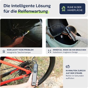 Електрична велосипедна помпа Woowind Ventus Ride: 150 PSI, 10.3 Bar, універсальні клапани (Presta, Schrader, Dunlop)