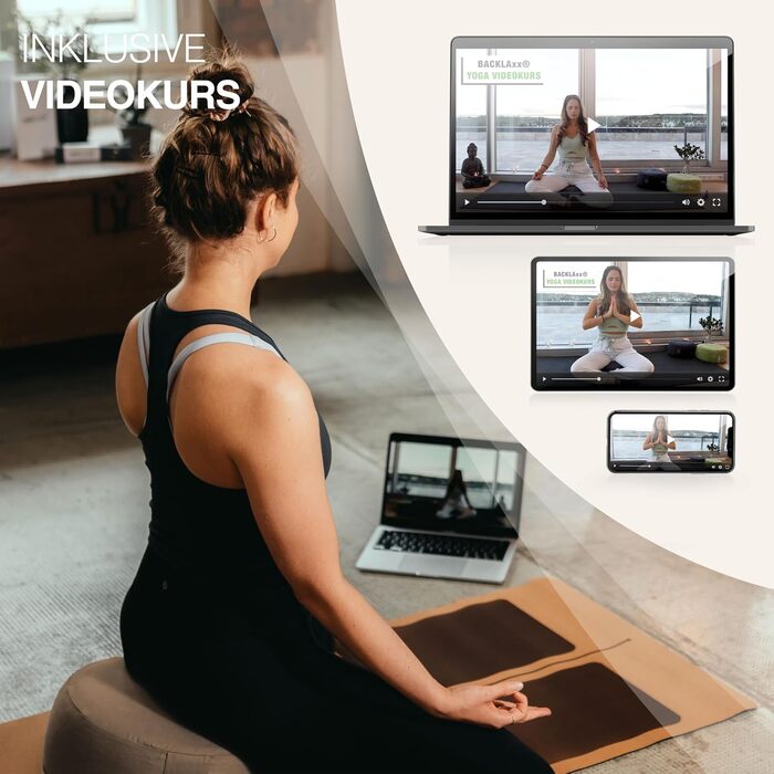 Йога подушка BACKLAXX® для медитації XL, діаметр 35 см, 15 см заввишки, з наповнювачем з гречаної лузпи, з відеокурсом - пуф для сидіння на підлозі (пісочно-бежевий)